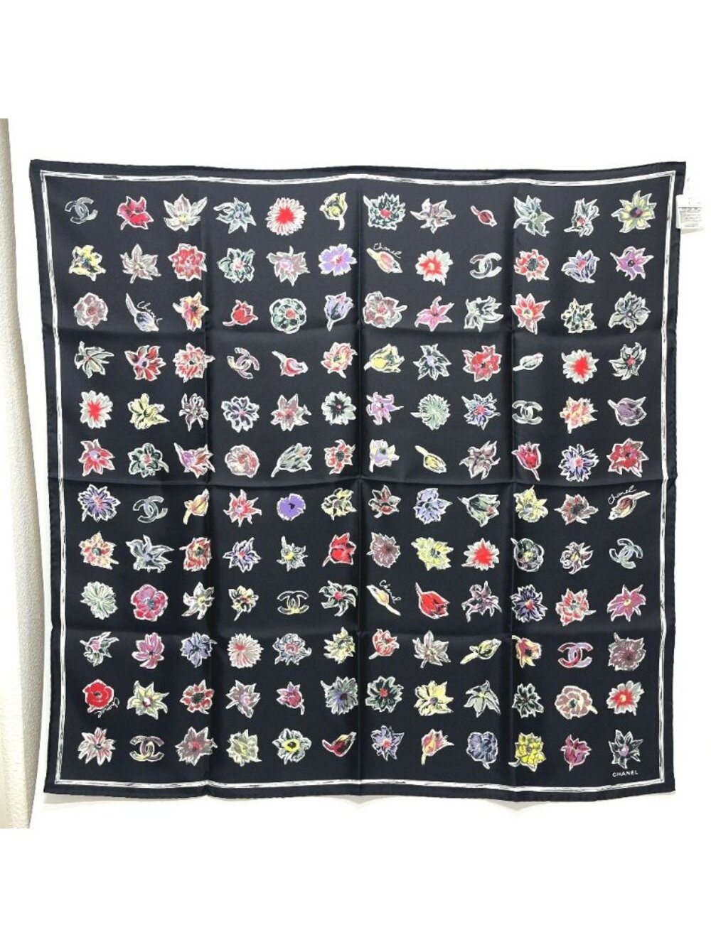 Chanel Scarf Camellia Silk Black